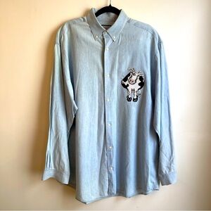 Vintage More & More Denim Chambray Cow Embroidery Button-Down Shirt Large